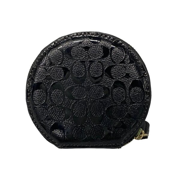 Auth COACH Signature Debossed Patent Leather Round Coin Purse - Black Coin Case - Picture 8 of 10